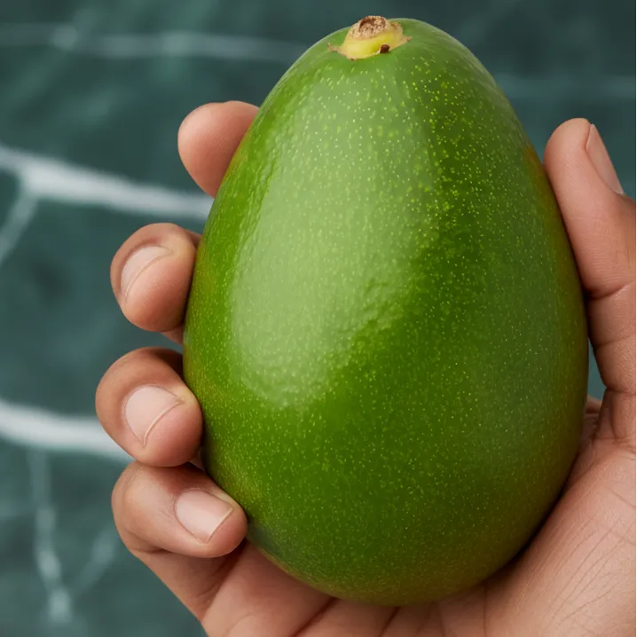 Main tenant un avocat tropical frais, fruit nutritif à la texture onctueuse, parfait pour une consommation quotidienne.