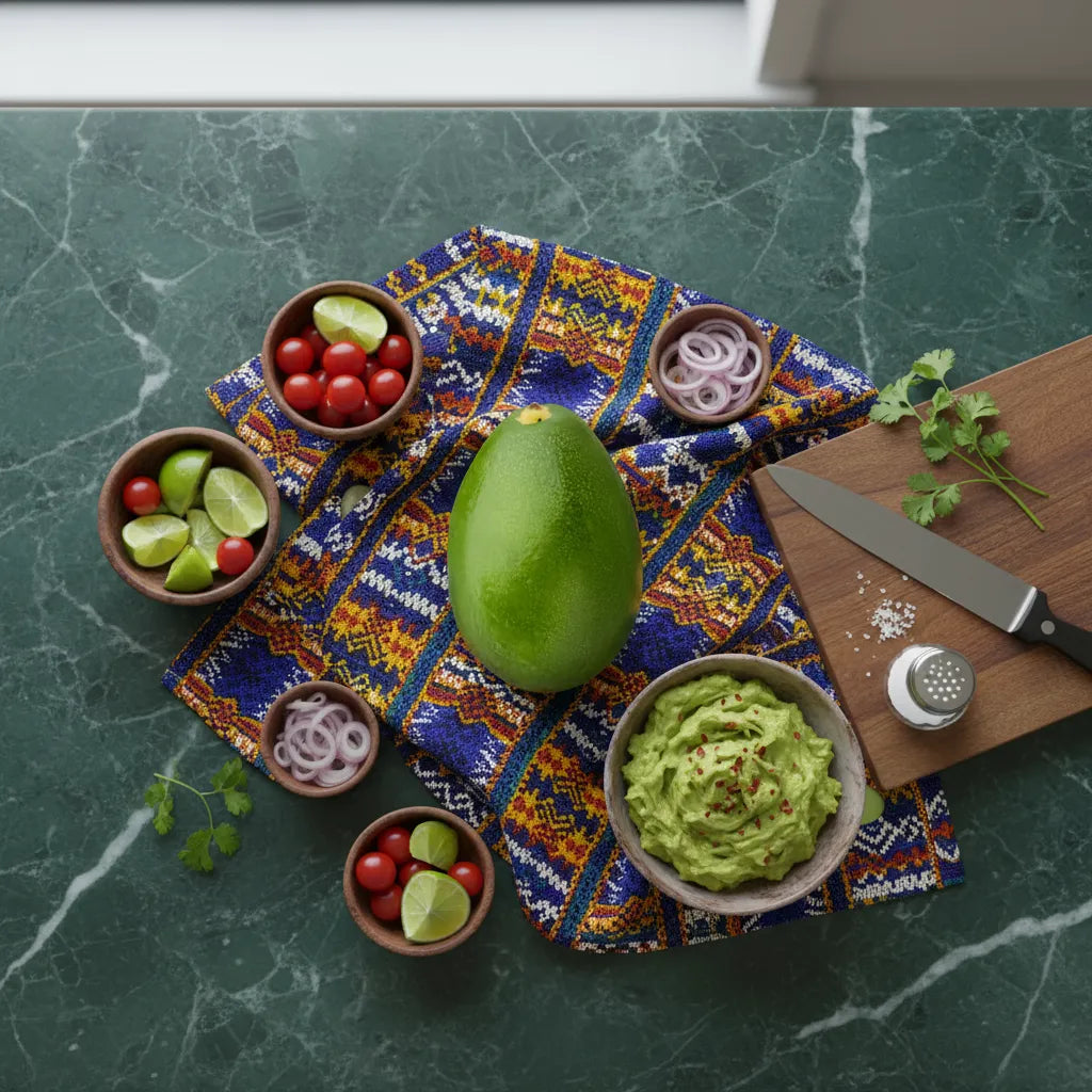 Avocat tropical entouré d’ingrédients frais sur nappe colorée, prêt à être transformé en guacamole riche en nutriments.
