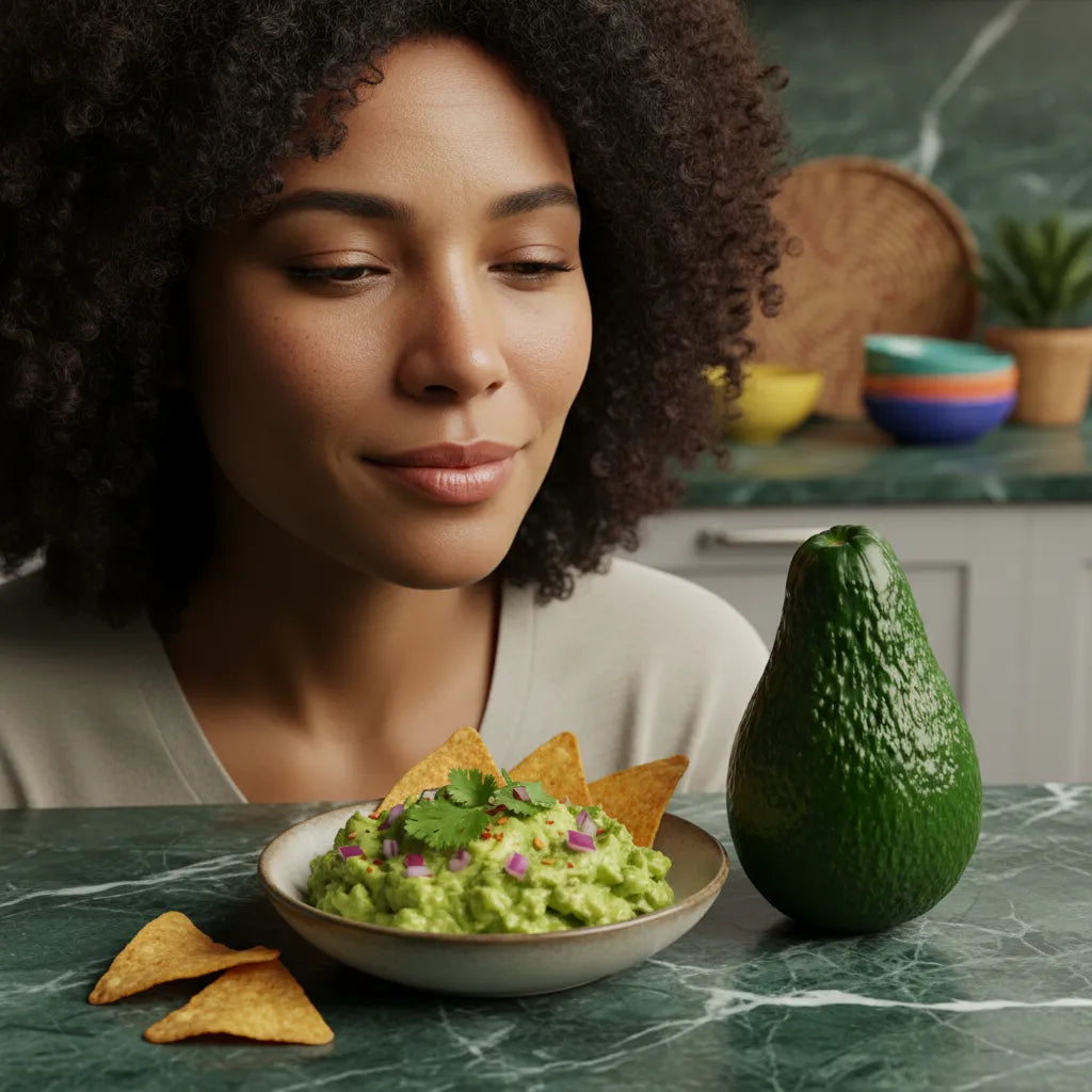 Femme admirant un bol de guacamole à base d’avocat Haas, accompagné de chips, idéal pour apéritifs gourmands.