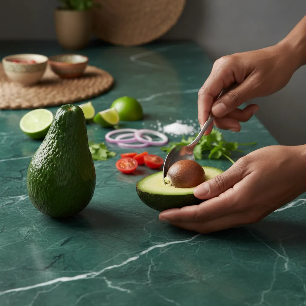 Préparation d’un avocat Haas sur plan de travail vert, ingrédient frais pour recettes saines et savoureuses.