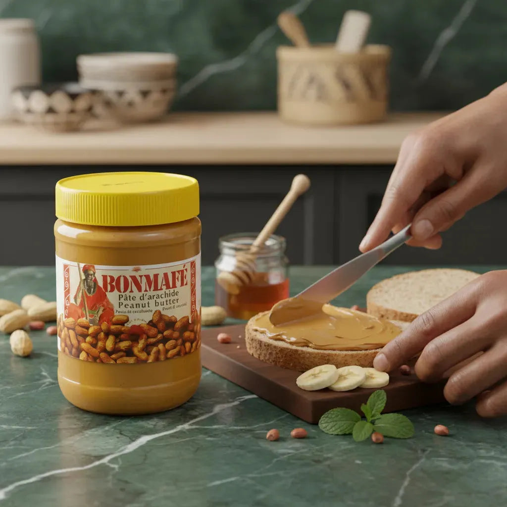 Tartine au beurre de cacahuète BONMAFE avec banane et miel - Crème onctueuse pour petit-déjeuner sain, produit d'épicerie sucrée.