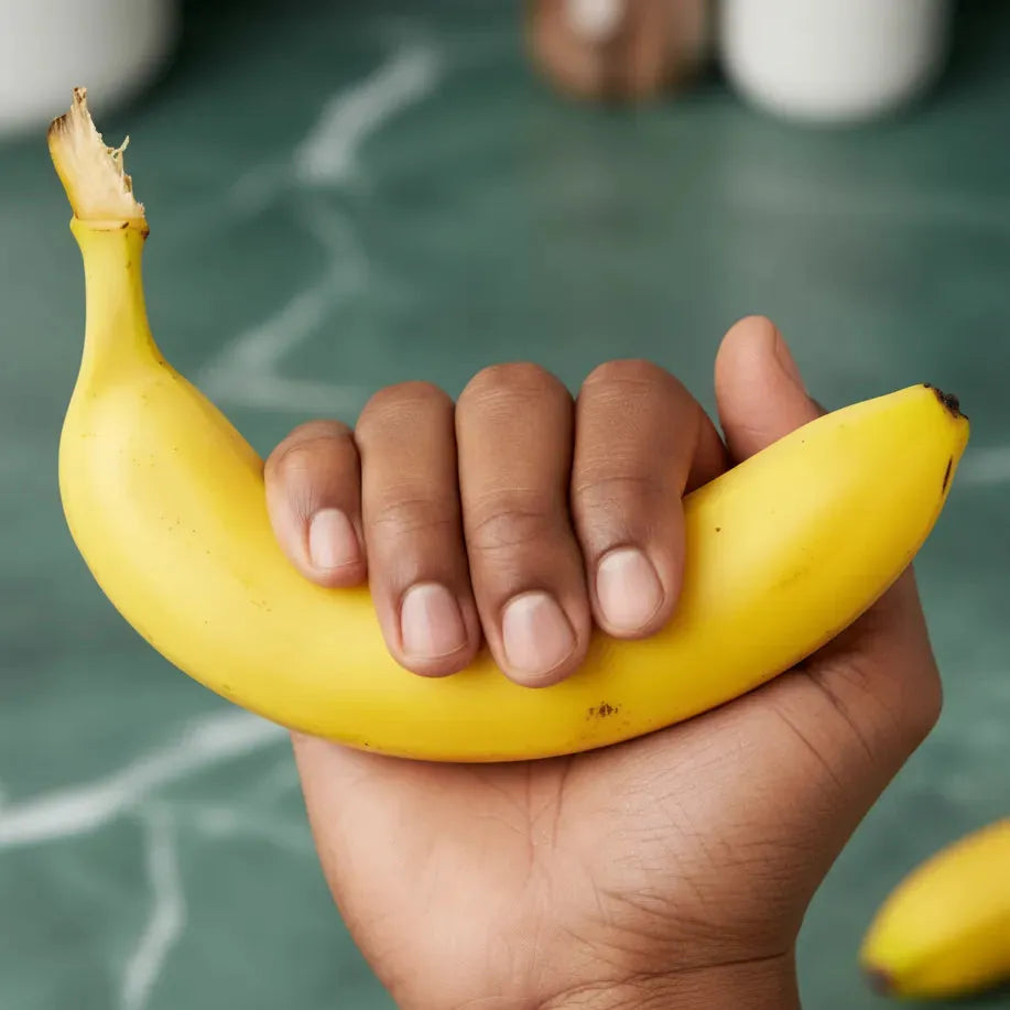 Main tenant une banane jaune mûre, illustrant sa taille idéale pour une consommation rapide et sa richesse en potassium bénéfique pour la santé.