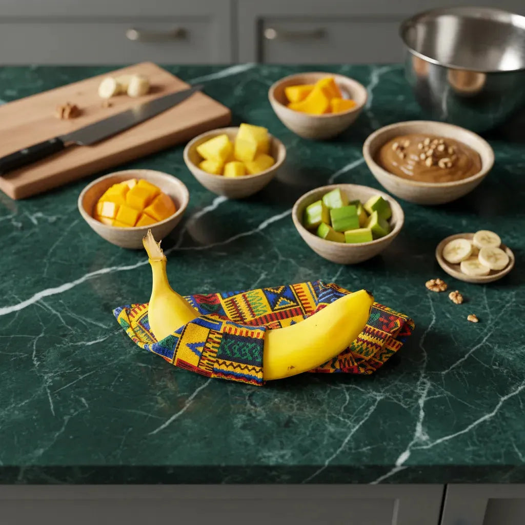 Banane jaune posée sur un tissu coloré sur un plan de travail avec fruits frais, parfaite pour smoothies et salades nutritives.