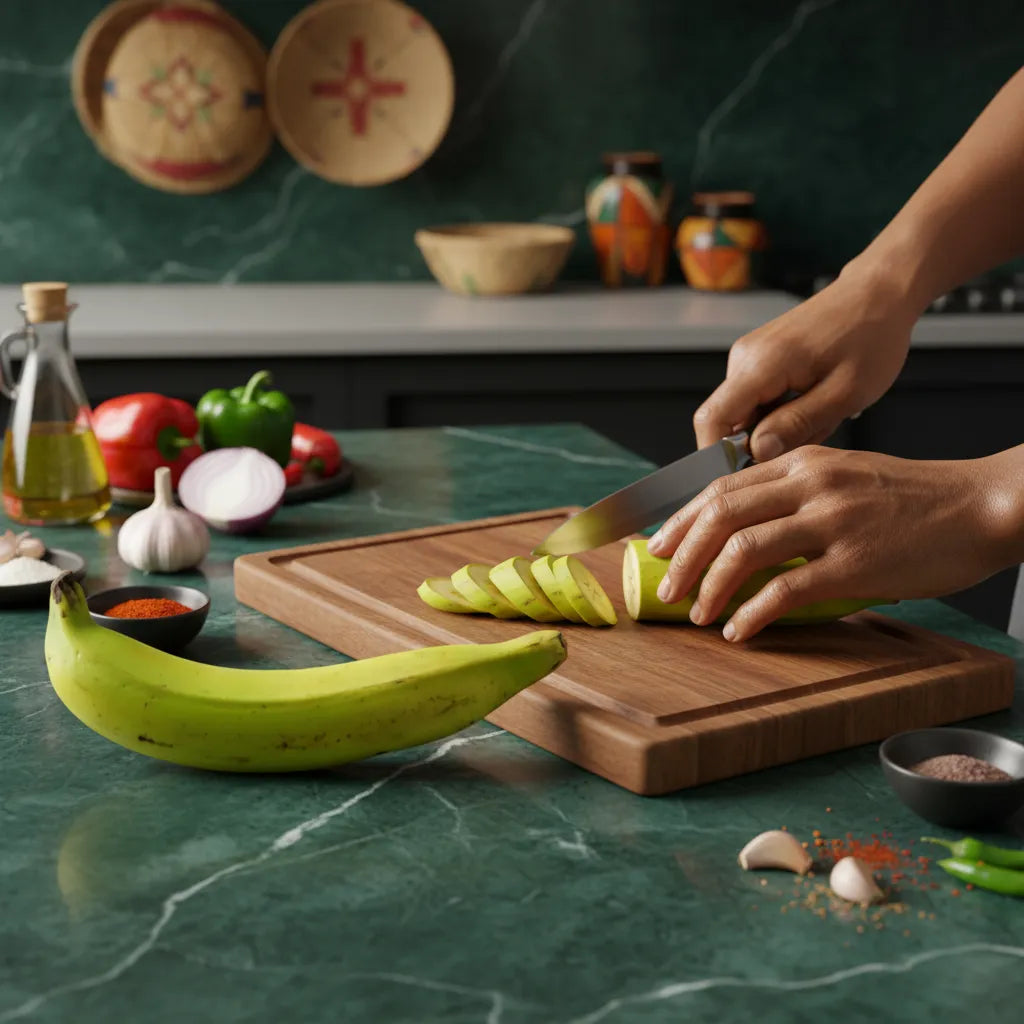Préparation de banane plantain verte tranchée sur planche, parfaite pour frites maison et plats exotiques.