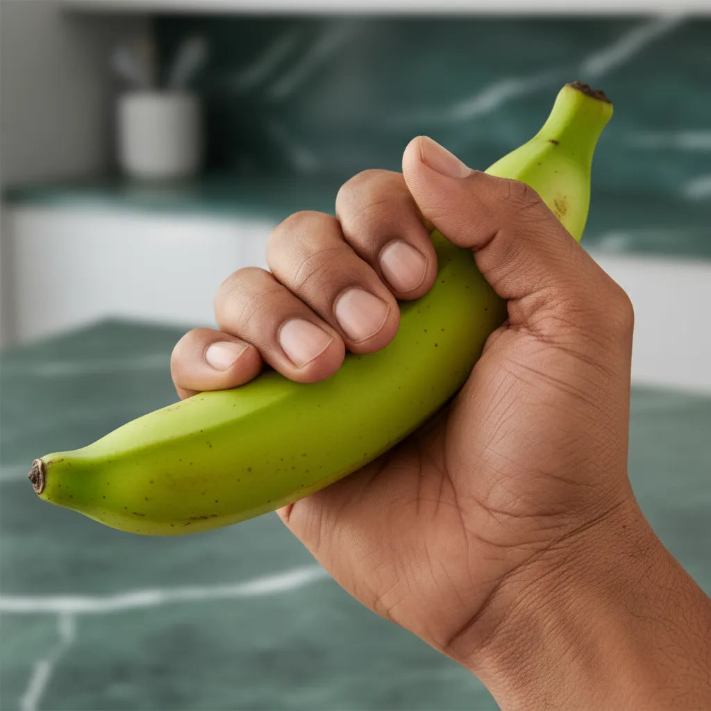 Main tenant une banane plantain verte fraîche, ingrédient essentiel pour recettes traditionnelles et plats frits.