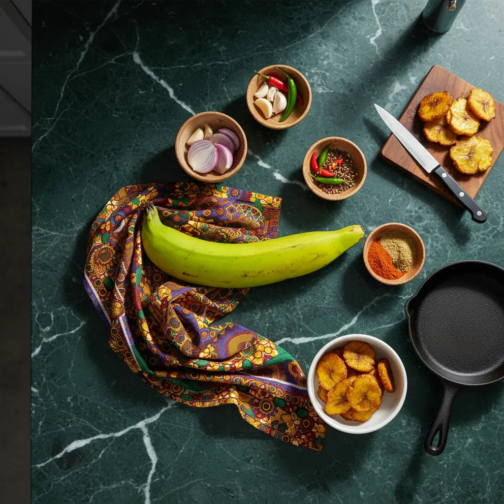 Banane plantain verte sur plan de travail avec épices et frites, idéale pour cuisine créative et savoureuse.