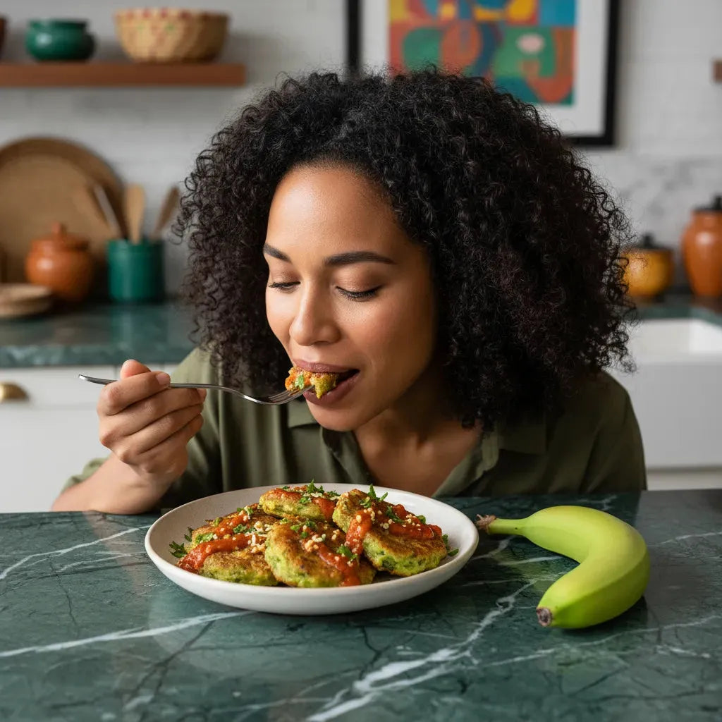 Femme dégustant un plat à base de banane verte cuite, illustrant sa polyvalence culinaire. Produit nutritif et savoureux.