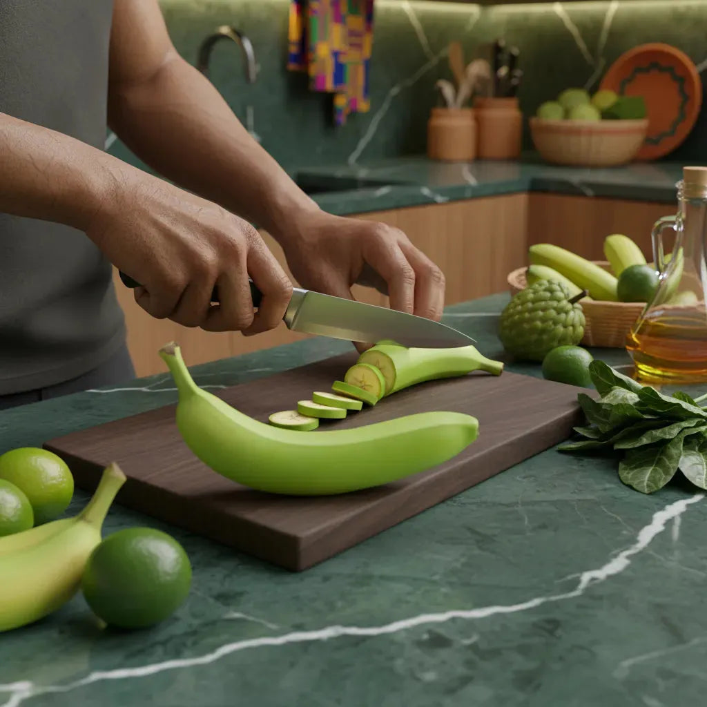 Homme coupant une banane verte fraîche sur une planche, préparation culinaire saine. Ingrédient de choix pour plats exotiques.