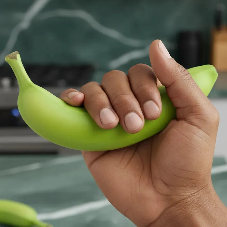 Main tenant une banane verte fraîche, prête à être cuisinée. Aliment polyvalent dans la catégorie Fruits & Légumes frais.