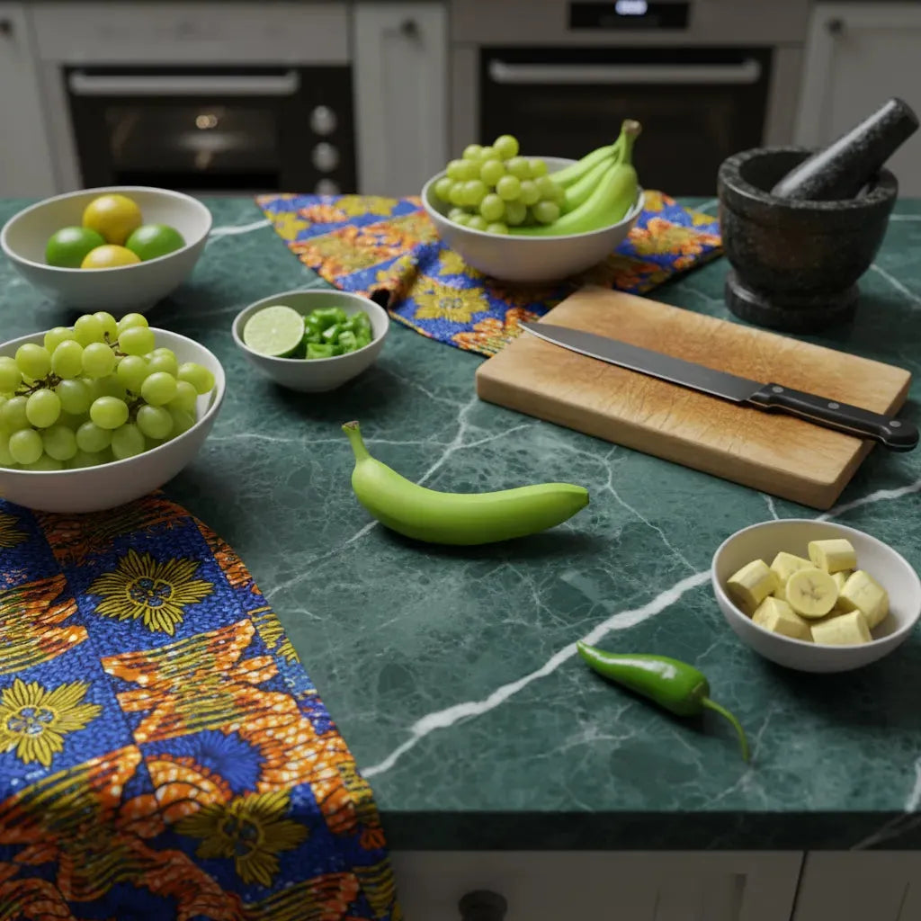 Plan de travail avec banane verte, raisins, citron vert et piment, montrant sa place dans une cuisine saine et variée.