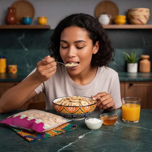 Femme dégustant des céréales garnies de chips de banane PROFRUIT, idéales pour un petit-déjeuner sain et croustillant.