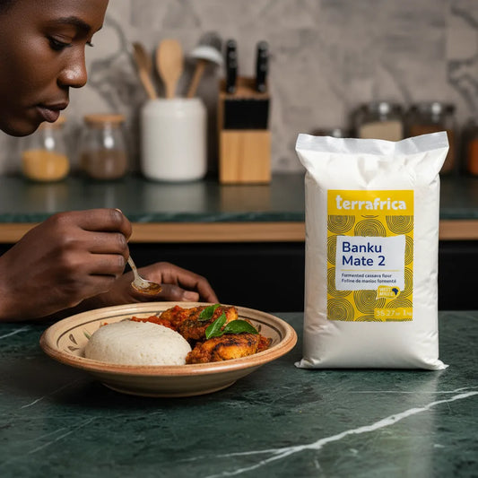 Farine de manioc fermentée Banku Mate 2 TERRAFRICA posée à côté d’un plat traditionnel africain, idéale pour préparer le banku.