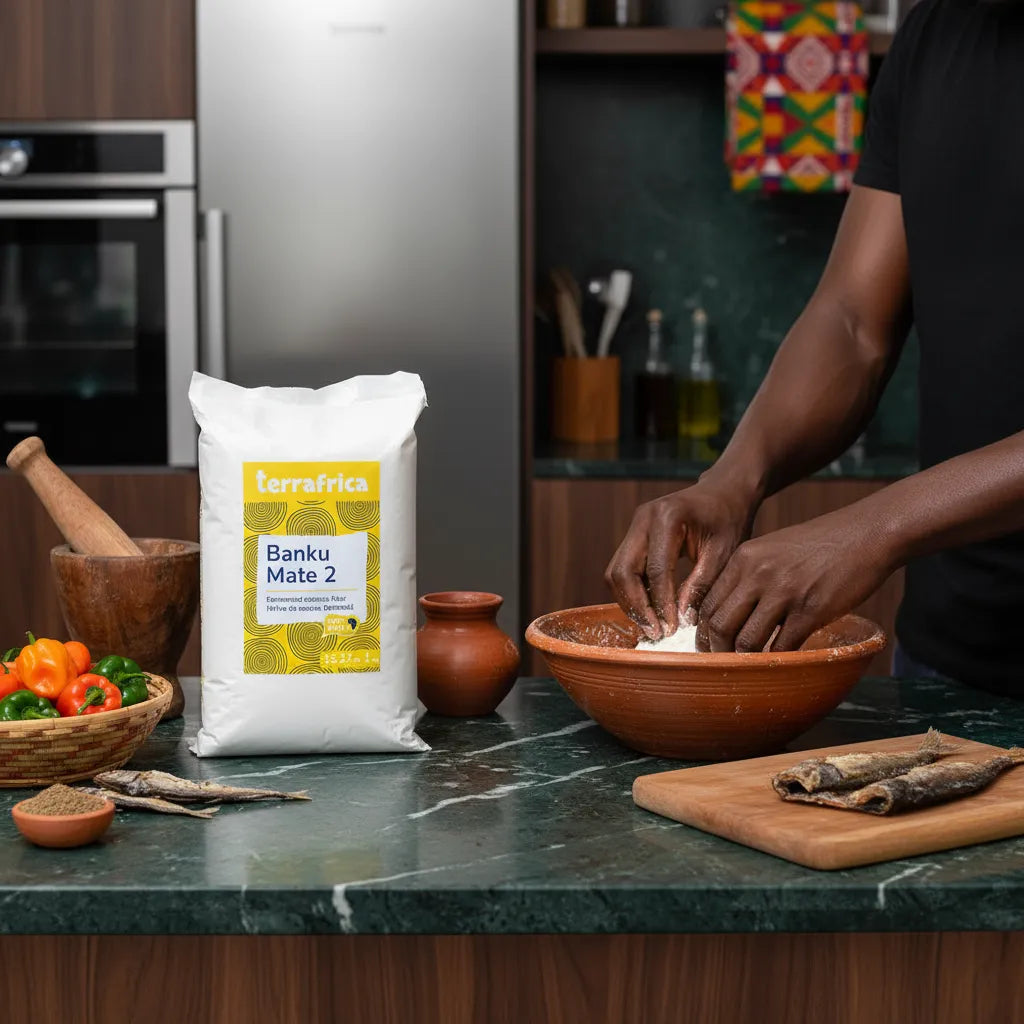 Farine de manioc fermentée Banku Mate 2 TERRAFRICA utilisée dans une cuisine africaine, montrant la préparation manuelle d’un plat traditionnel.