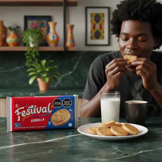 Homme dégustant des Biscuits vanille FESTIVAL avec un verre de lait chaud, ambiance conviviale et gourmande, produit en avant-plan.