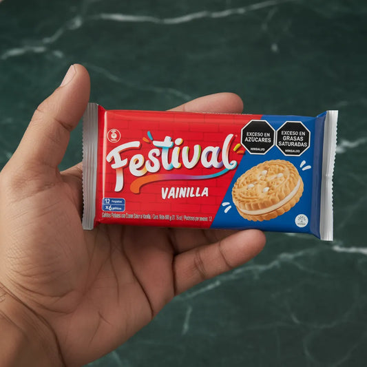 Main tenant un paquet de Biscuits vanille FESTIVAL - Croquants | Goût Vanille, format individuel pratique, fond vert marbré.