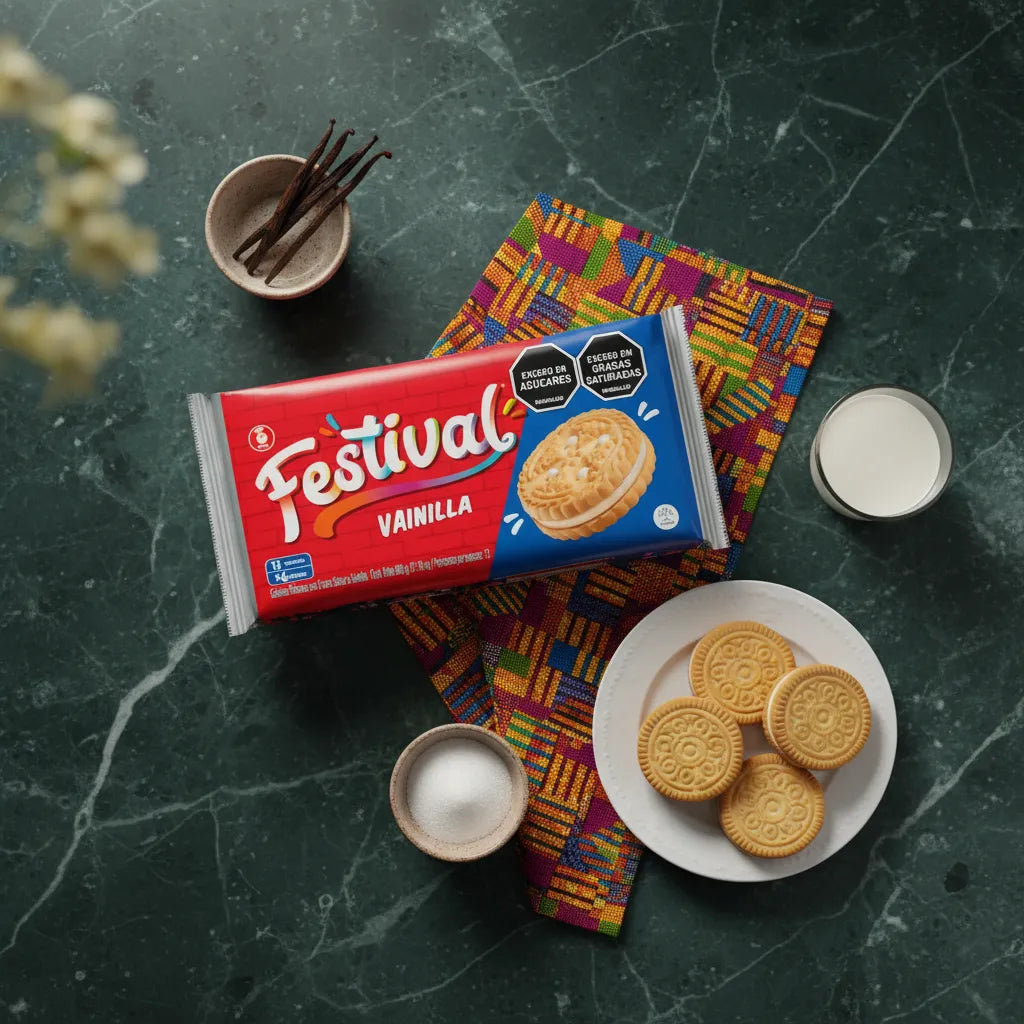 Biscuits vanille FESTIVAL présentés sur une assiette blanche avec lait et gousses de vanille, ambiance colorée et gourmande.