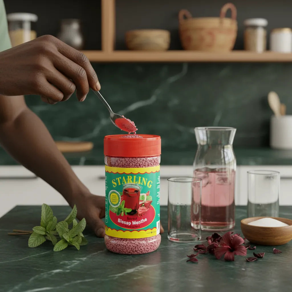 Préparation du thé instantané STARLING bissap menthe avec cuillère, menthe fraîche et fleurs d'hibiscus sur plan de travail.