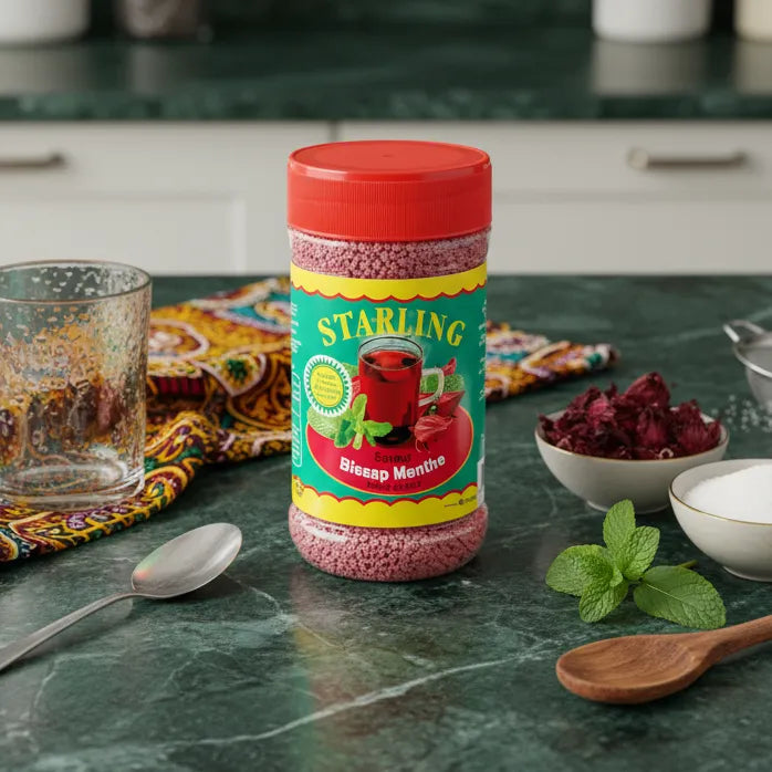 Pot de thé instantané STARLING bissap menthe posé sur une table avec ingrédients naturels comme menthe et hibiscus.
