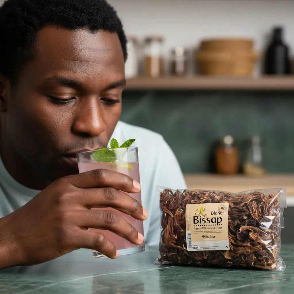 Homme dégustant une infusion hibiscus blanc bio RACINES, boisson fraîche et acidulée à base de fleurs séchées pour une hydratation saine.