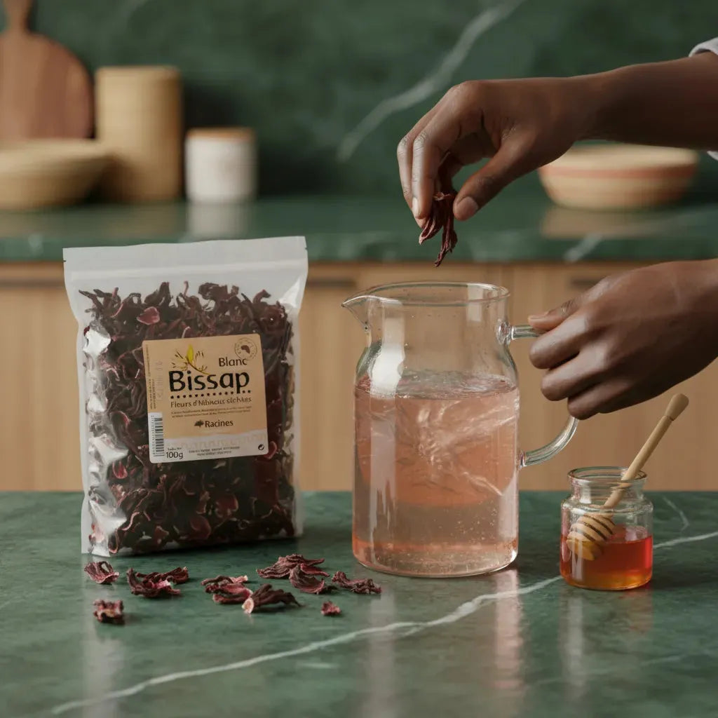 Préparation d'une infusion hibiscus blanc bio RACINES avec fleurs séchées et miel, boisson fruitée et acidulée pour une pause santé.