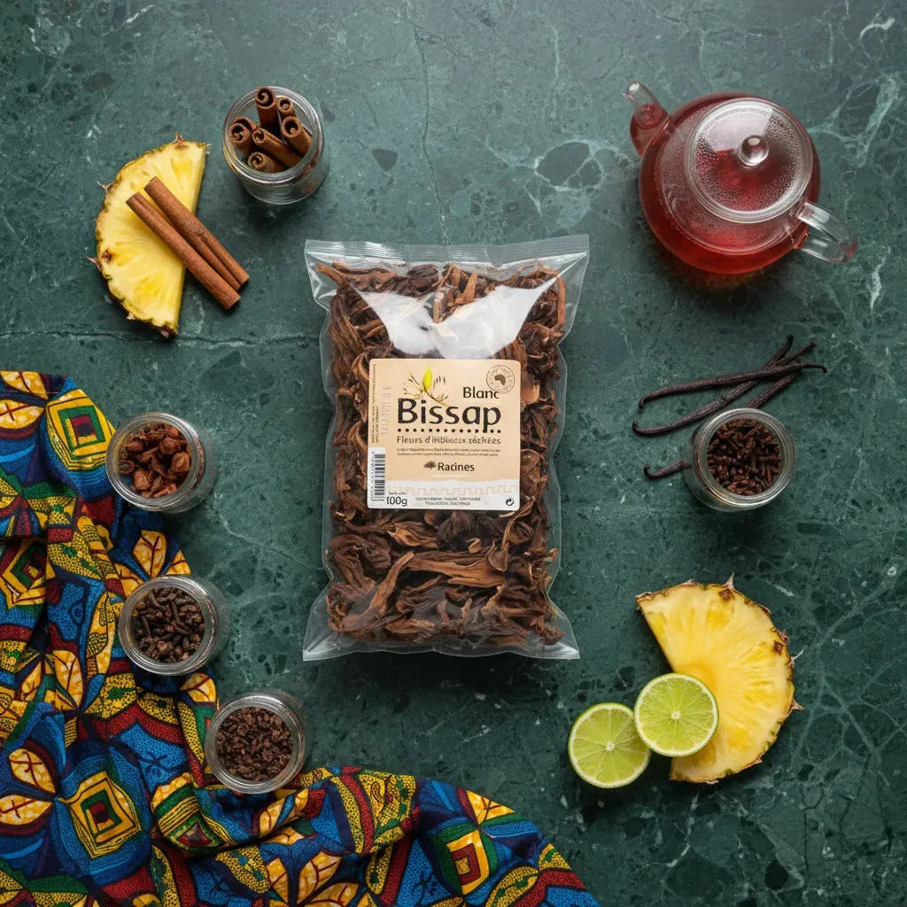 Fleurs d'hibiscus blanc RACINES entourées d'épices et fruits exotiques, infusion bio aux saveurs naturelles et bienfaits revitalisants.