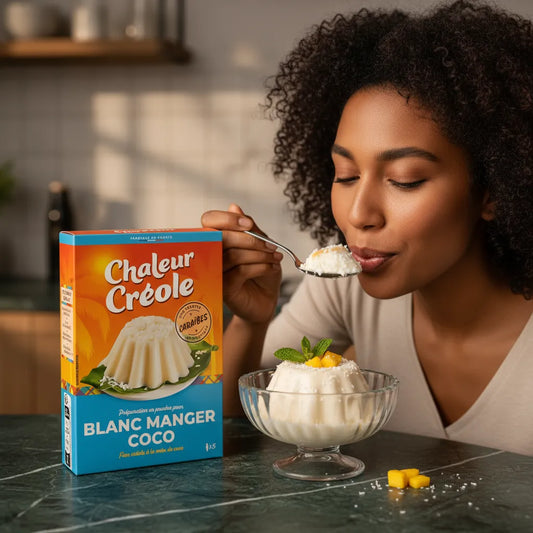 Femme dégustant un blanc manger coco antillais Chaleur Créole, dessert tropical à la noix de coco, présenté avec la boîte du produit.