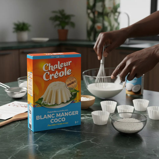 Préparation du blanc manger coco Chaleur Créole avec ustensiles et ingrédients, dessert antillais à base de noix de coco en cuisine.