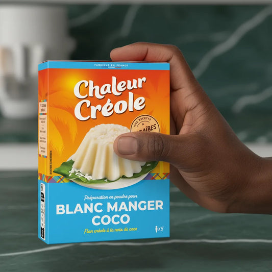 Main tenant une boîte de blanc manger coco Chaleur Créole, préparation sucrée antillaise à la noix de coco, format pratique.