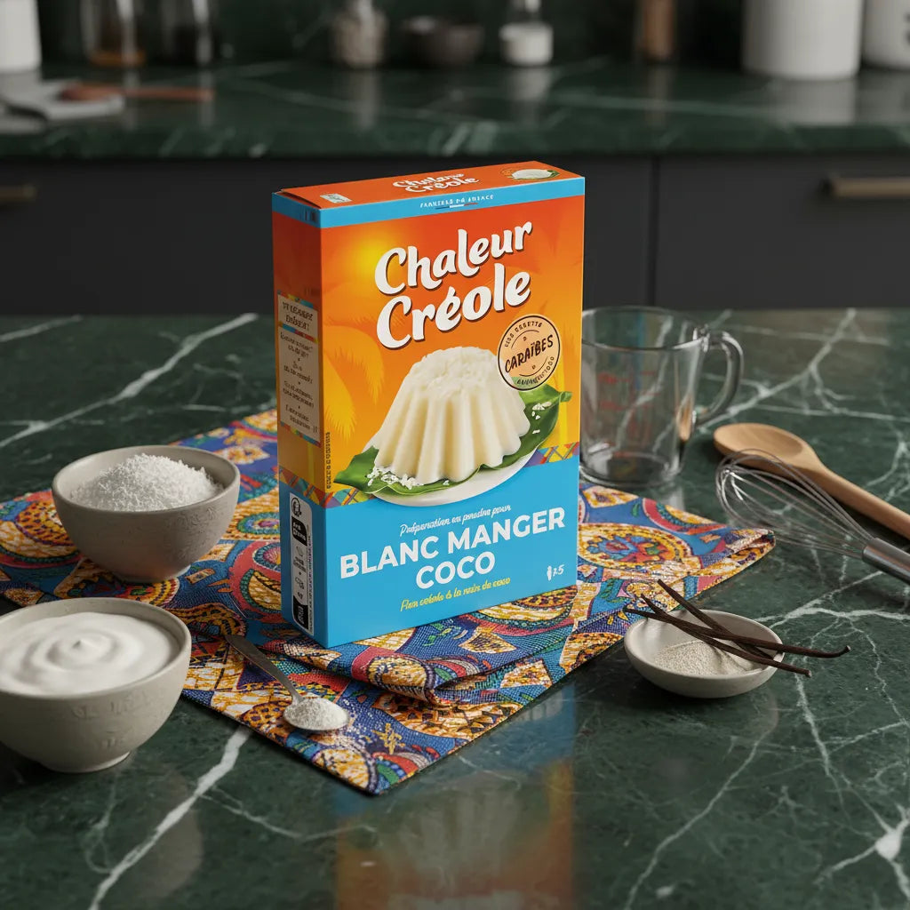 Préparation Chaleur Créole pour blanc manger coco posée sur une nappe colorée, entourée d'ingrédients tropicaux pour dessert antillais.
