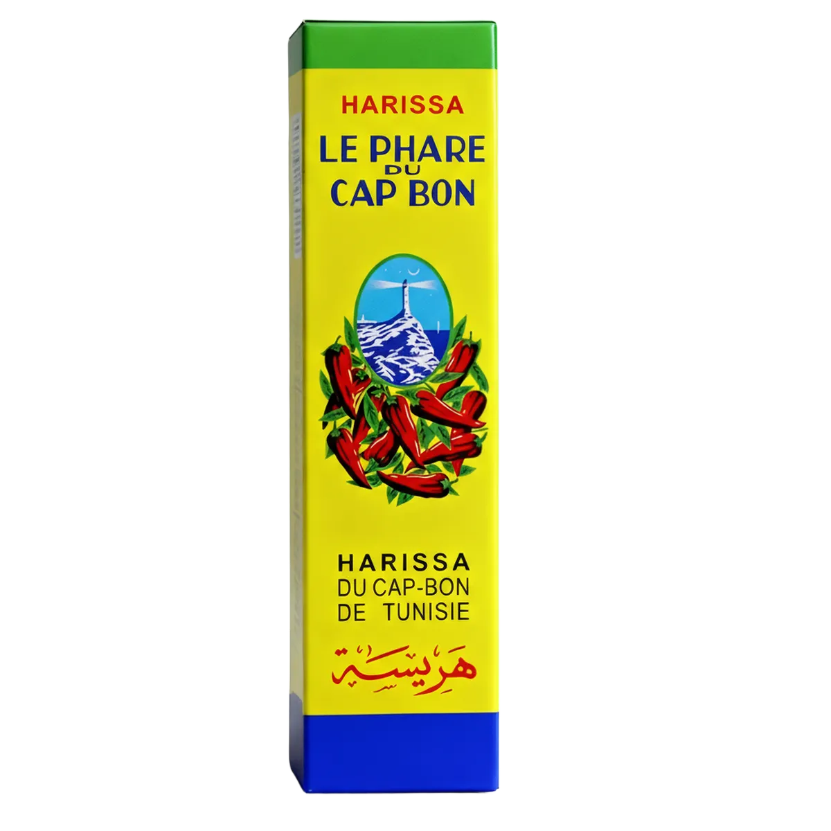 Harissa en Tube Phare du Cap Bon - Pâte de Piment Savoureuse dans un emballage jaune avec illustration de piments rouges. Produit épicé tunisien emblématique.