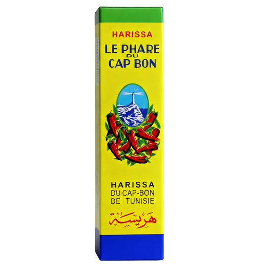 Harissa en Tube Phare du Cap Bon - Pâte de Piment Savoureuse dans un emballage jaune avec illustration de piments rouges. Produit épicé tunisien emblématique.
