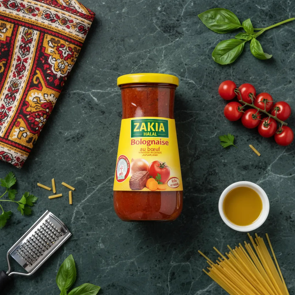 Pot de Sauce Bolognaise Halal ZAKIA entouré d’ingrédients frais comme huile, tomates, basilic et parmesan sur fond en marbre vert.
