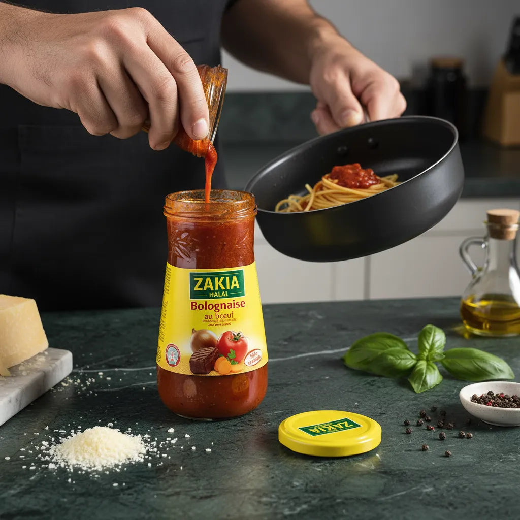 Versement de la Sauce Bolognaise Halal ZAKIA dans une poêle avec des pâtes, ingrédients frais visibles, ambiance cuisine authentique.