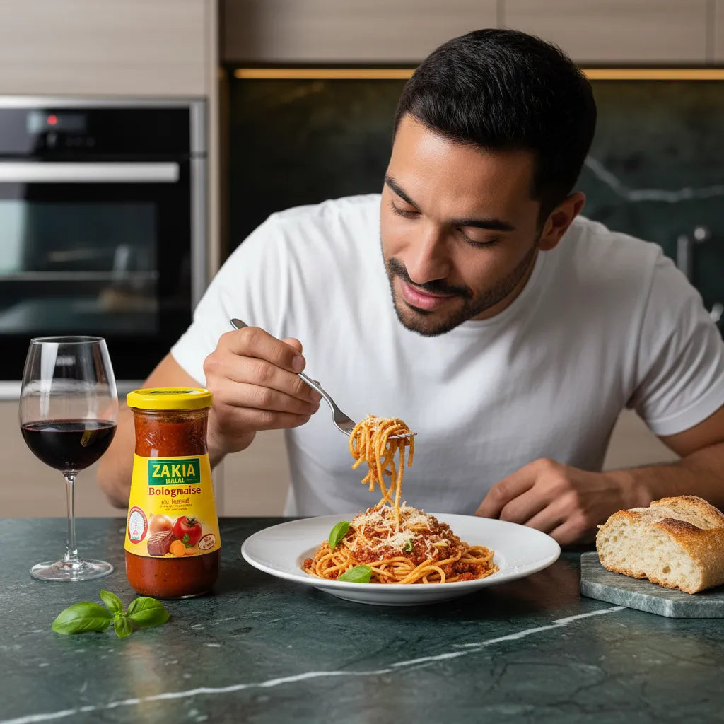 Homme dégustant des spaghettis à la Sauce Bolognaise Halal ZAKIA, accompagnée de pain et vin, dans une cuisine moderne.