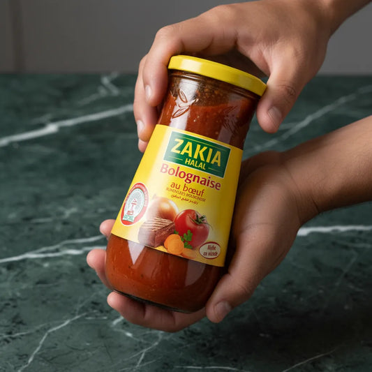 Main tenant un pot de Sauce Bolognaise Halal ZAKIA au bœuf, sur fond de table en marbre, mettant en avant la qualité du produit.