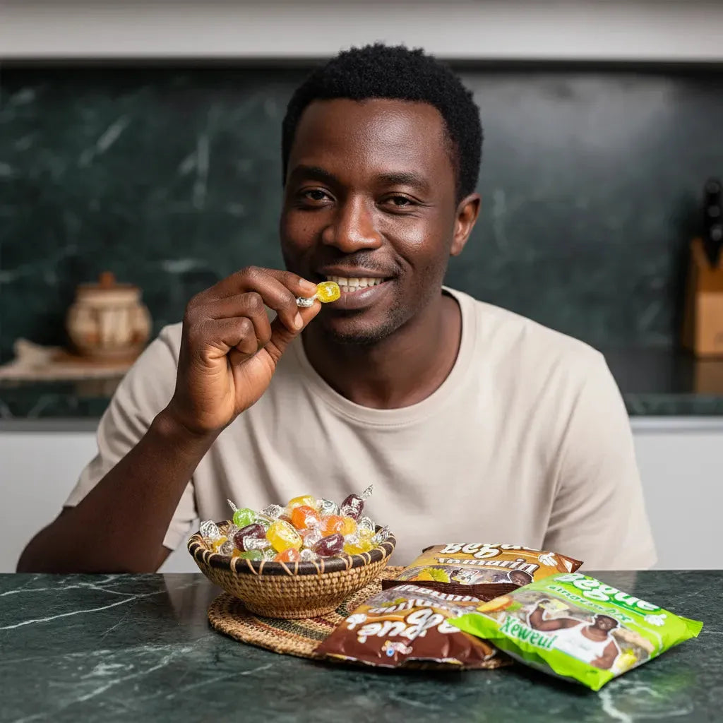 Main versant des bonbons BÉGUÉ Ananas et Menthe dans un bol décoratif, mettant en avant les saveurs originales de cette épicerie sucrée.