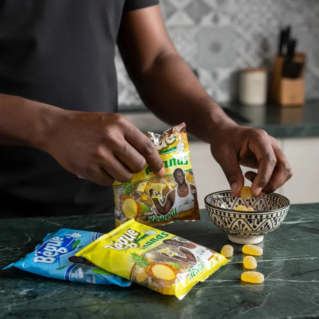 Bonbons BÉGUÉ emballés individuellement aux saveurs Gingembre, Ananas, Menthe et Tamarin, parfaits pour les amateurs de douceurs exotiques.