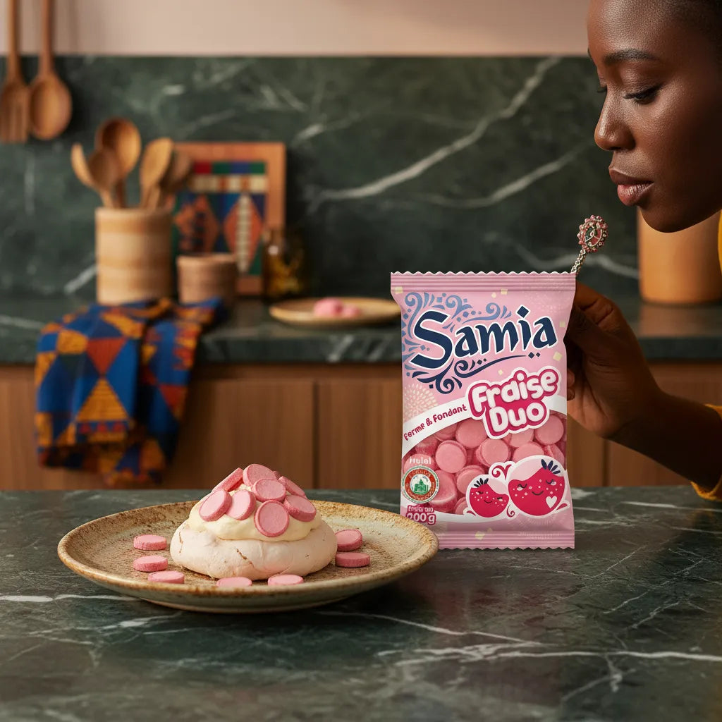 Femme décorant un dessert avec les bonbons fraise duo halal SAMIA, confiserie fruitée idéale pour pâtisseries et moments gourmands.