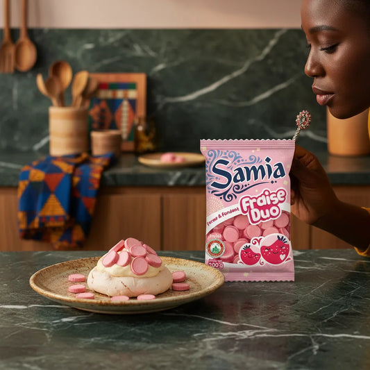 Femme décorant un dessert avec les bonbons fraise duo halal SAMIA, confiserie fruitée idéale pour pâtisseries et moments gourmands.