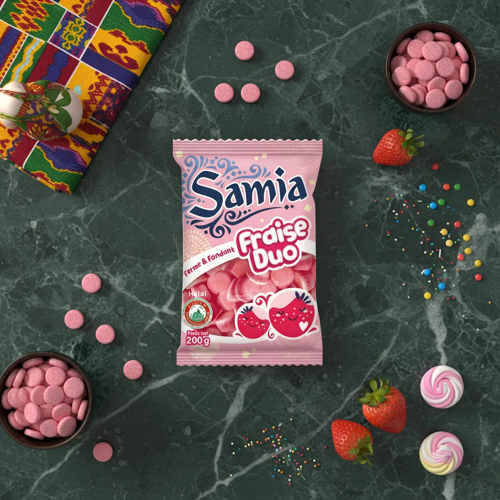 Bonbons fraise duo halal SAMIA sur table en marbre avec fraises, bonbons et décorations, confiserie fruitée pour épicerie sucrée.