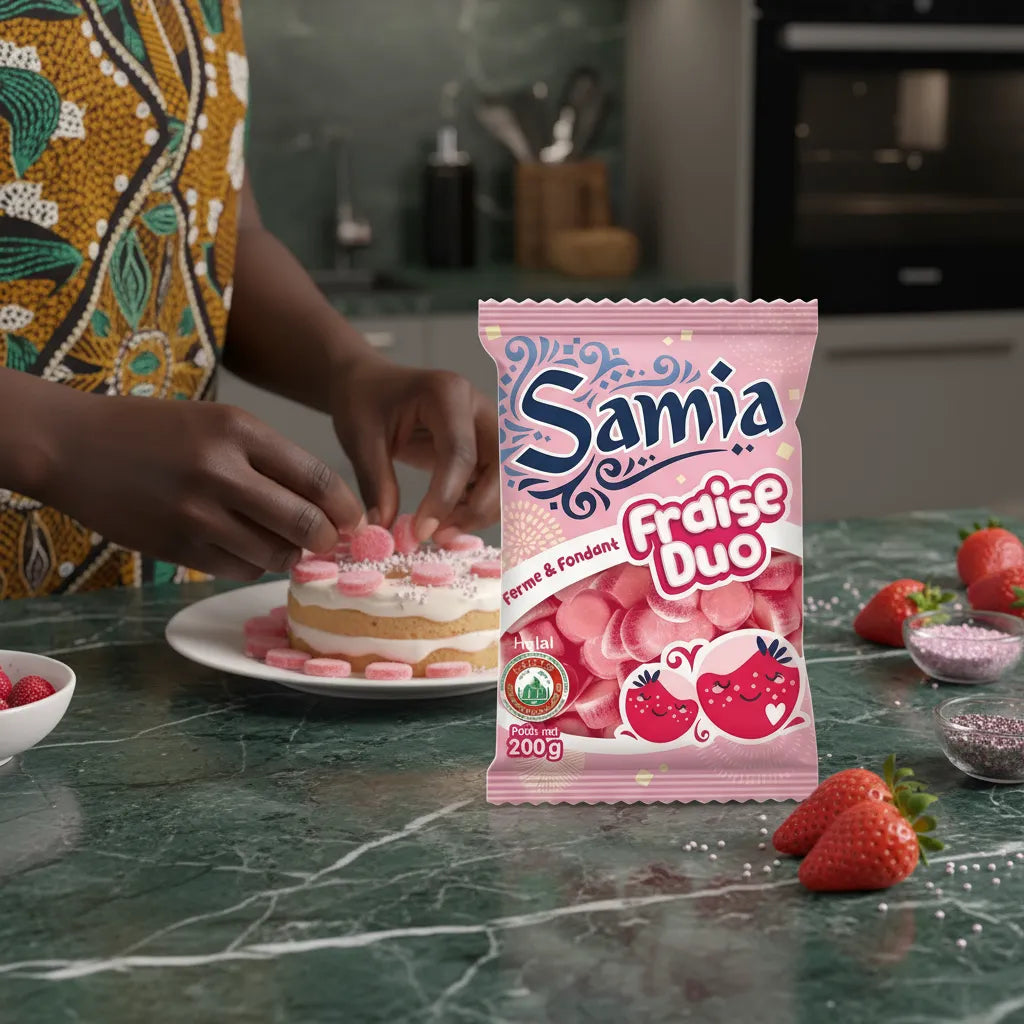Préparation de dessert avec bonbons fraise duo halal SAMIA, confiserie fruitée et certifiée halal, idéale pour la pâtisserie maison.