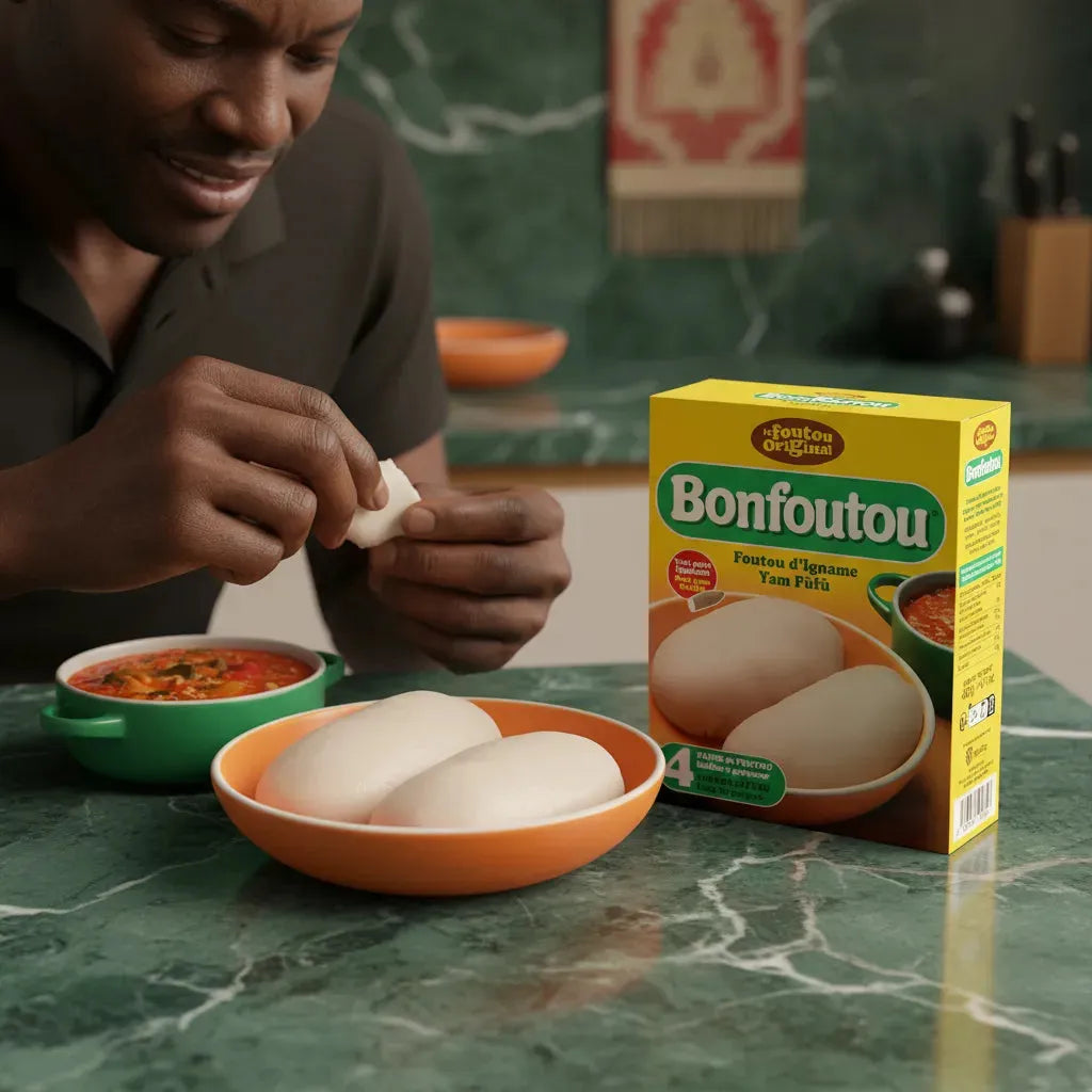 Dégustation de fufu préparé avec la farine d'igname BONFOUTOU - Accompagné de sauce, parfait pour repas africain fait maison.