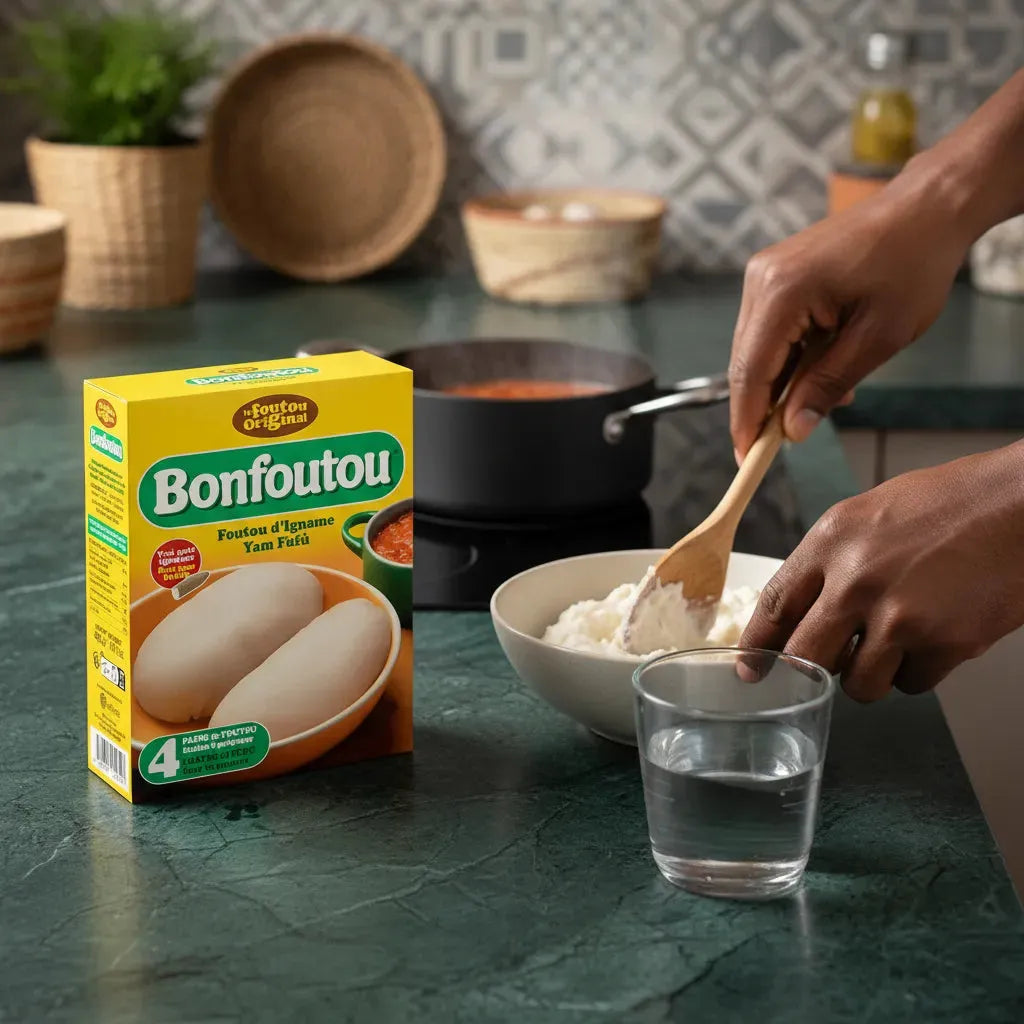 Préparation de fufu avec la farine d'igname BONFOUTOU - Texture légère, facile à mélanger avec de l'eau chaude pour repas africain authentique.