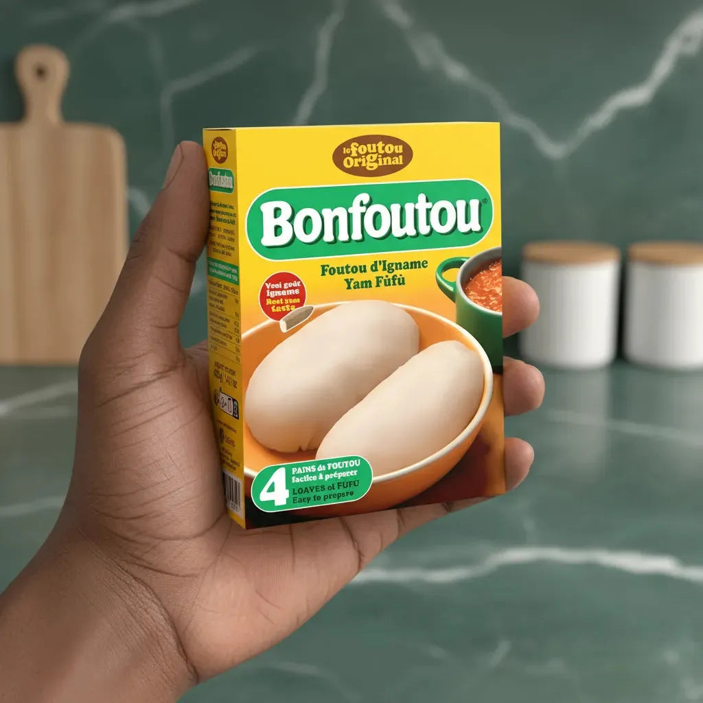 Farine d'igname BONFOUTOU - Fufu tenue en main, boîte compacte pratique pour préparer 4 pains de fufu à la texture légère et goût subtil.
