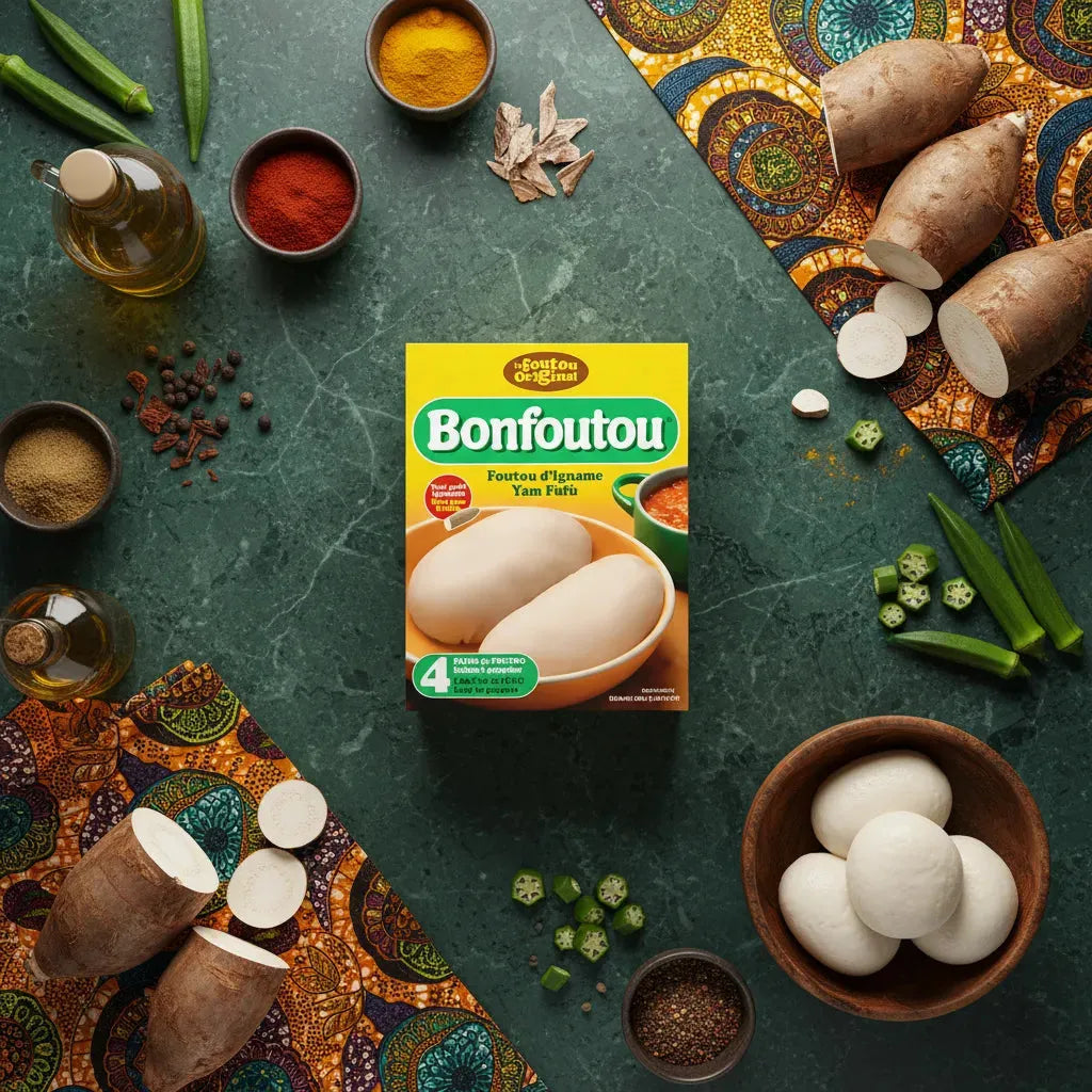 Farine d'igname BONFOUTOU - Fufu posée sur table avec ignames, épices et légumes africains, parfaite pour plats traditionnels savoureux.