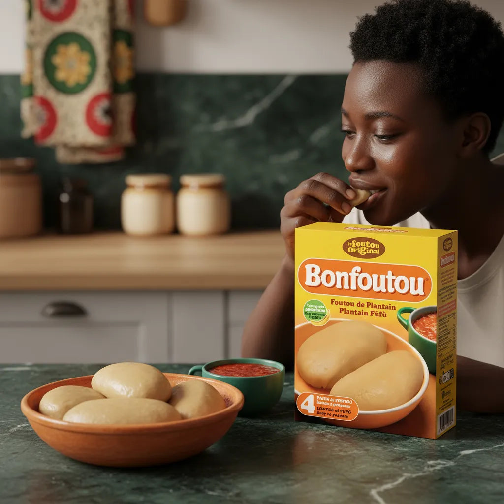Jeune dégustant un plat de foutou préparé avec la farine de plantain BONFOUTOU, parfaite pour une cuisine africaine authentique.