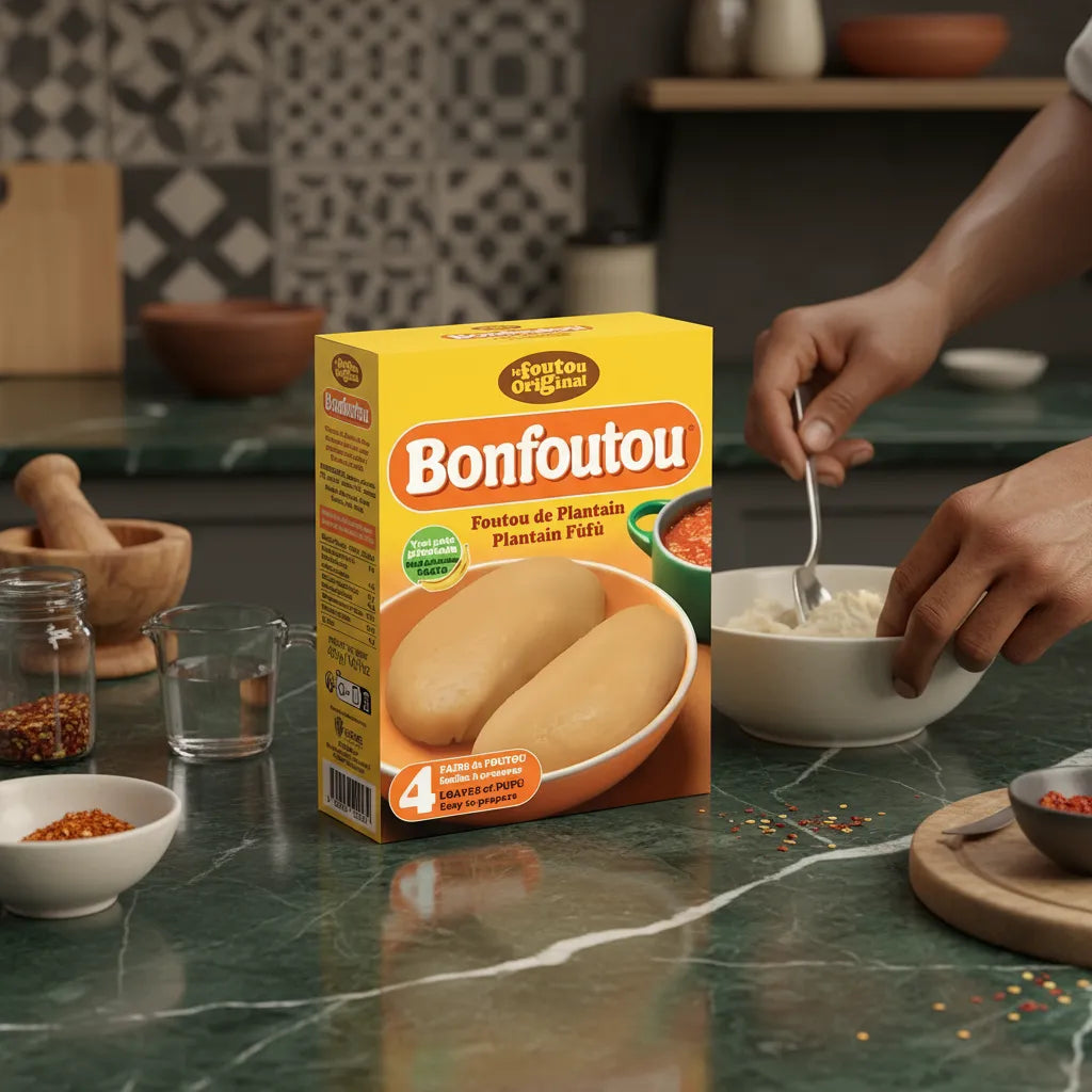 Préparation culinaire avec farine de plantain BONFOUTOU sur plan de travail, idéale pour recettes salées comme le foutou ou les sauces.