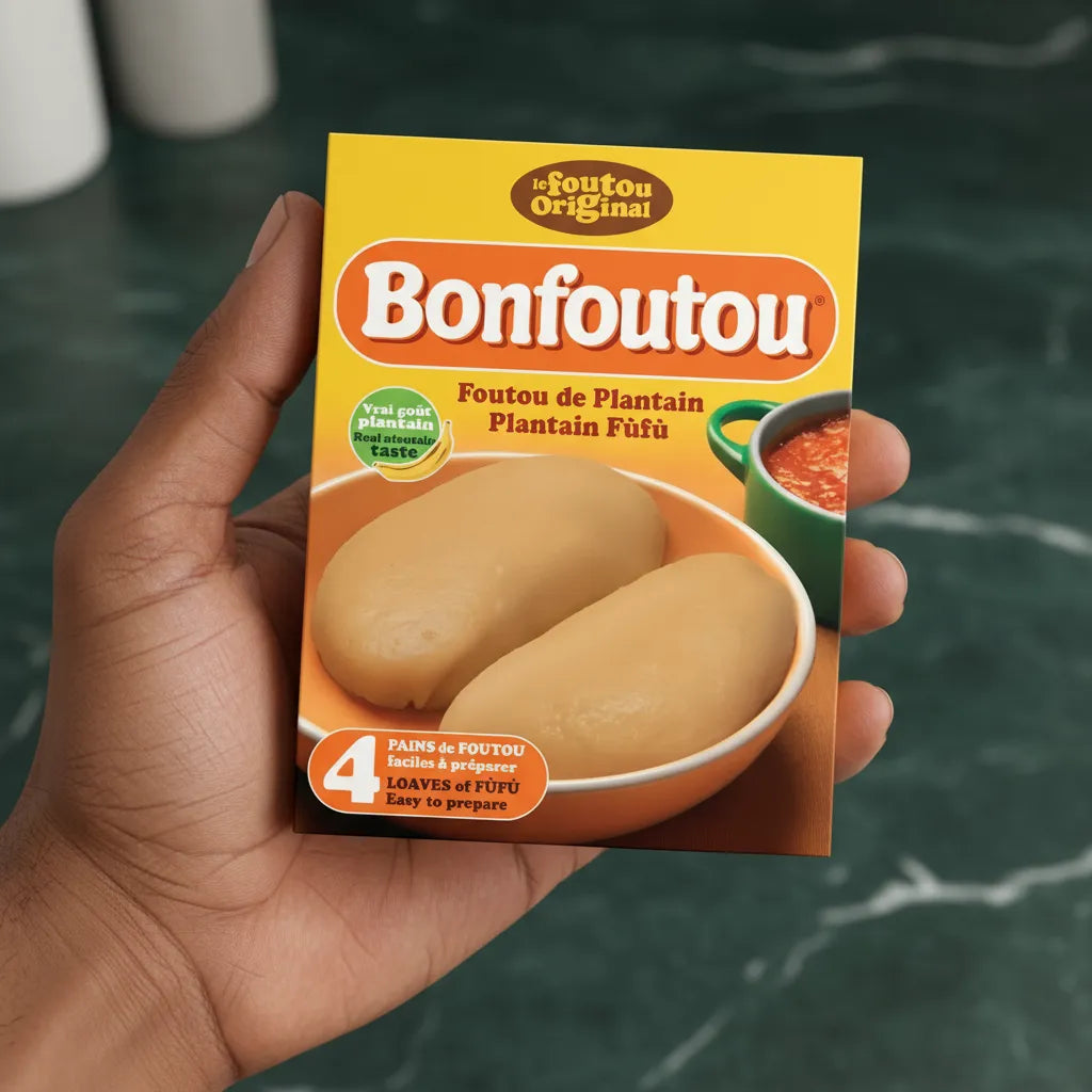 Main tenant une boîte de farine de plantain BONFOUTOU, format pratique pour cuisiner facilement des plats traditionnels savoureux.