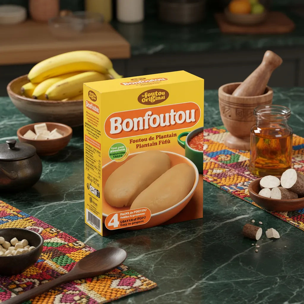 Farine de plantain BONFOUTOU posée sur table de cuisine avec ingrédients exotiques, parfaite pour gâteaux, pâtes et sauces maison.