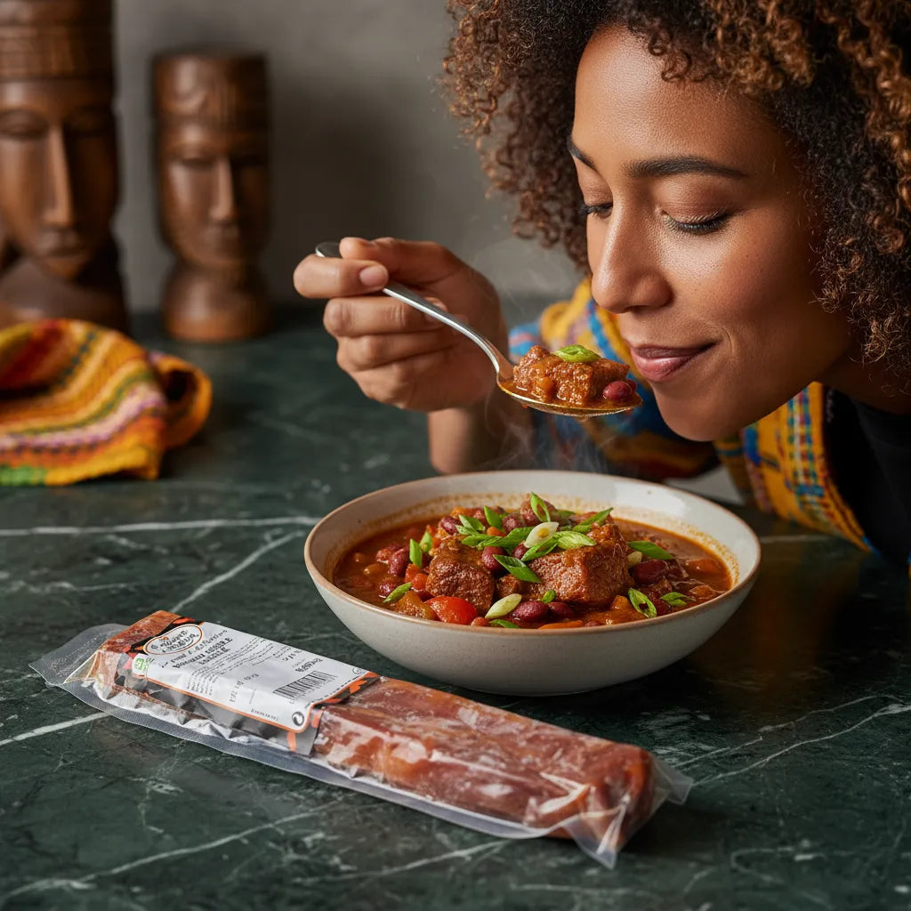 Boucane Créole Réunion - Salaison Traditionnelle de Bourbon servi dans un plat mijoté, viande fumée surgelée aux saveurs intenses.